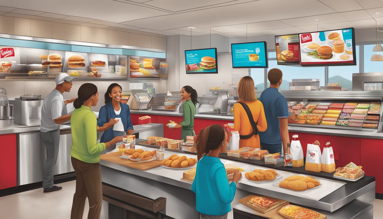 A bustling Wendy's restaurant with a display of innovative breakfast products and promotional materials. Franchisees engaging with customers and showcasing the success of Wendy's breakfast menu