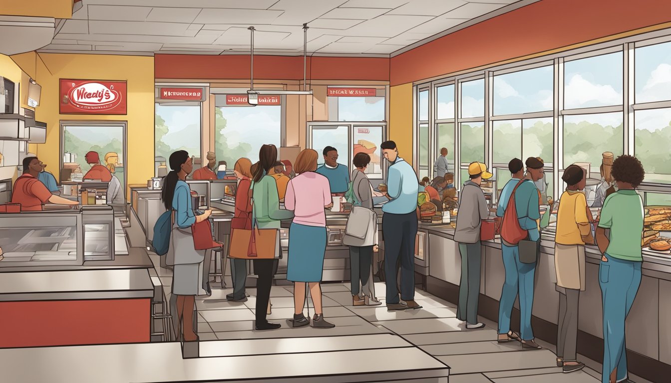 A bustling Wendy's restaurant with a line of customers waiting to order breakfast items. The franchisees are seen working alongside staff, ensuring a smooth and successful breakfast service