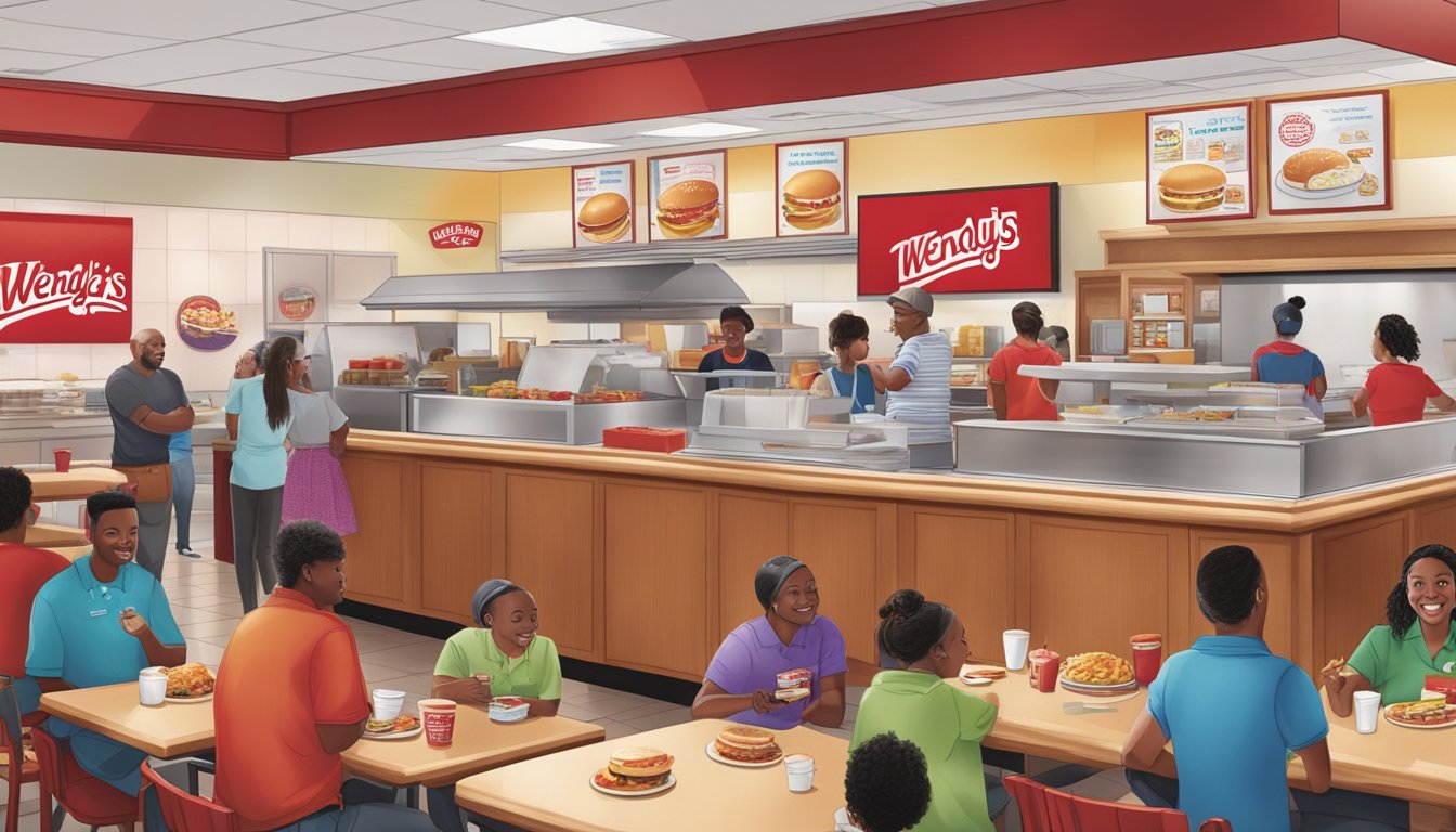 A bustling Wendy's restaurant with franchisees serving breakfast to a diverse group of customers, while also engaging in community outreach activities