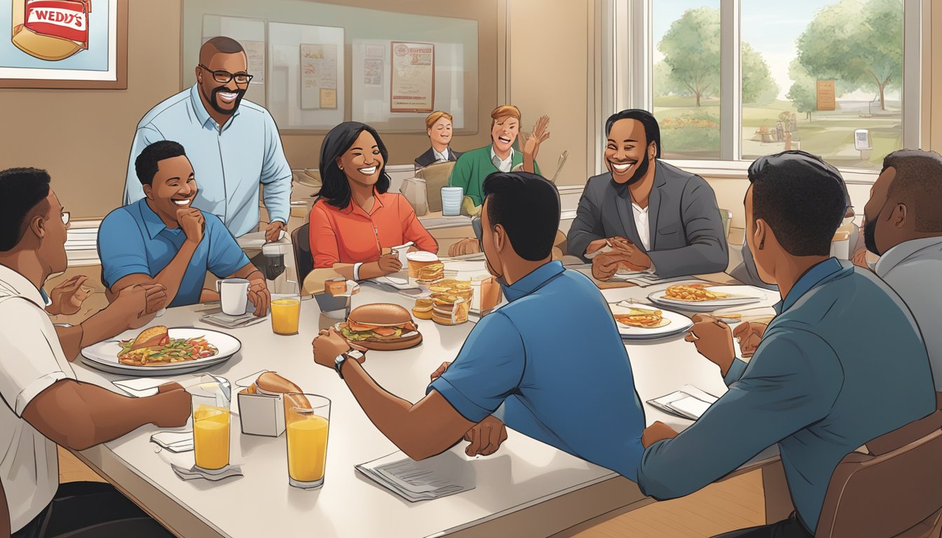 The scene depicts a group of franchisees gathered around a table, engaged in a lively discussion with the Wendy's leadership team. The atmosphere is filled with energy and excitement as they collaborate on ideas for the successful launch of Wendy's breakfast menu