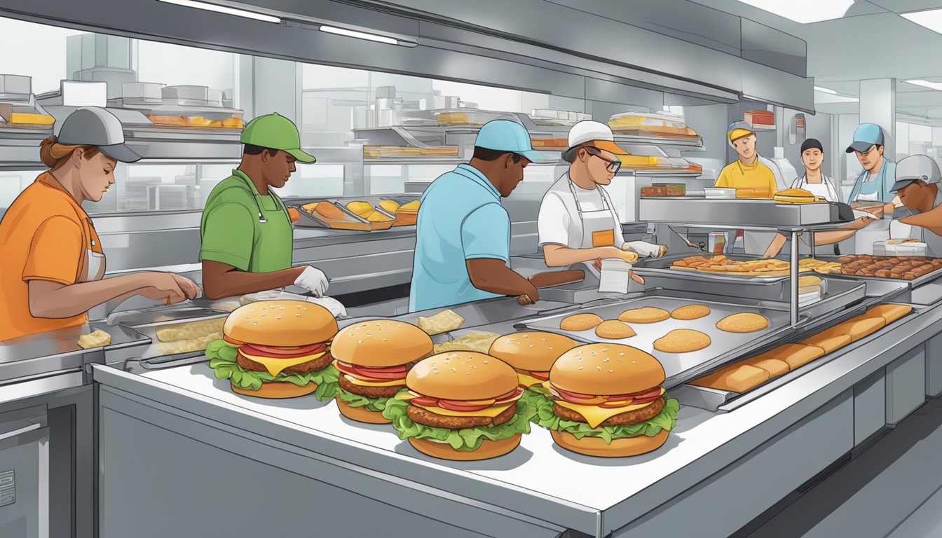 A bustling breakfast sandwich assembly line at Wendy's, with various ingredients and workers in action