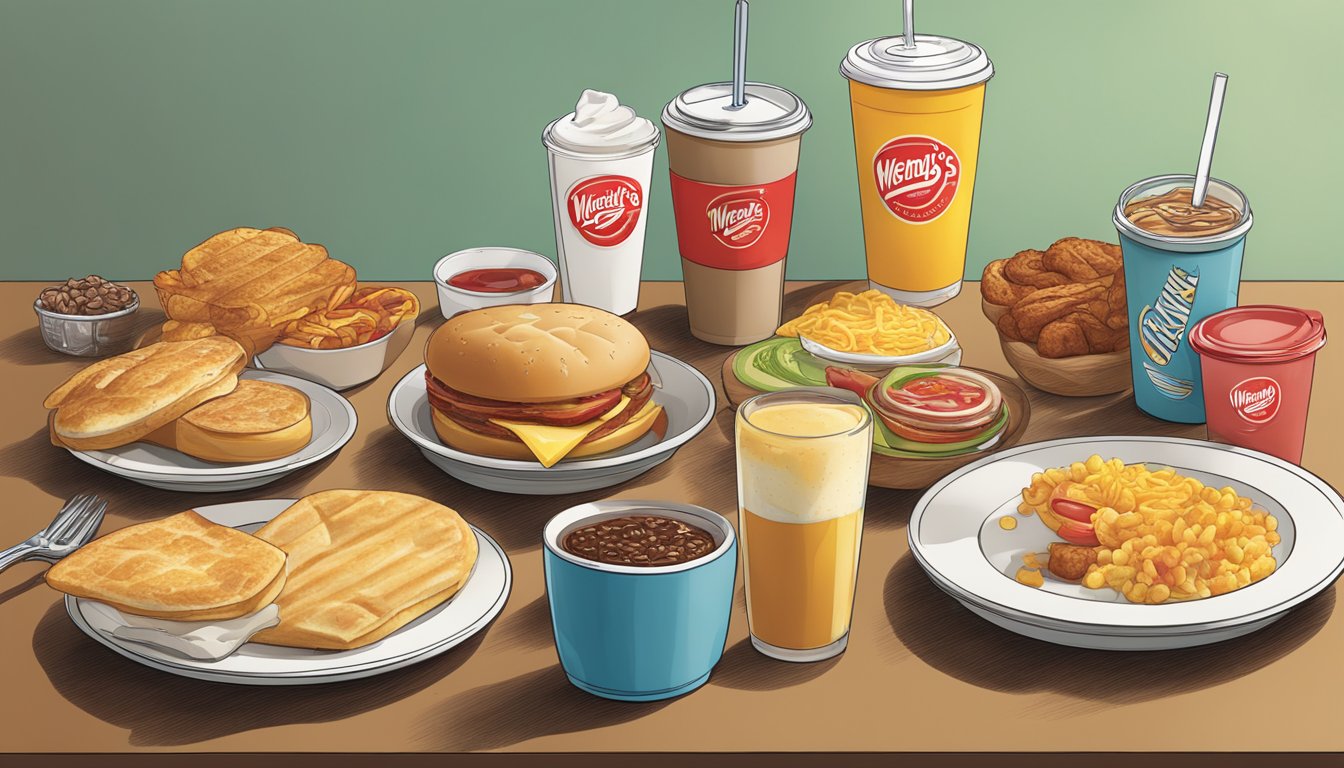 A table with various Wendy's breakfast items laid out in different portion sizes for illustration