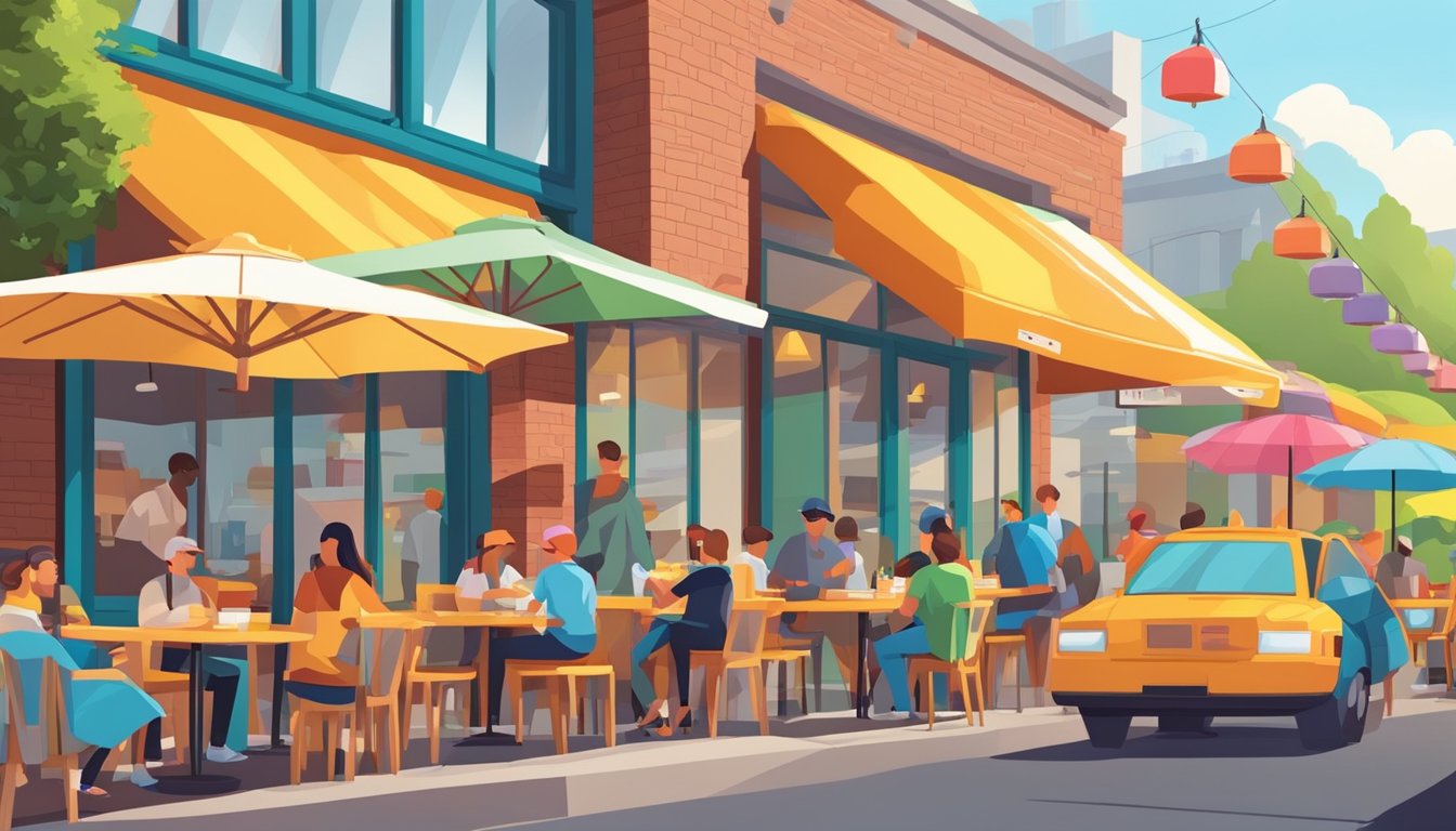 A bustling fast-food restaurant with a colorful, eye-catching sign and a line of customers eagerly waiting to order breakfast sandwiches. Outdoor seating area with bright umbrellas