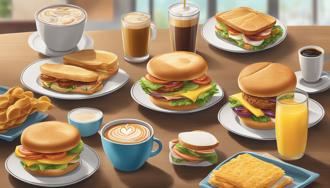 A table with a variety of breakfast sandwiches and portion sizes from Wendy's, arranged neatly with colorful garnishes and a steaming cup of coffee