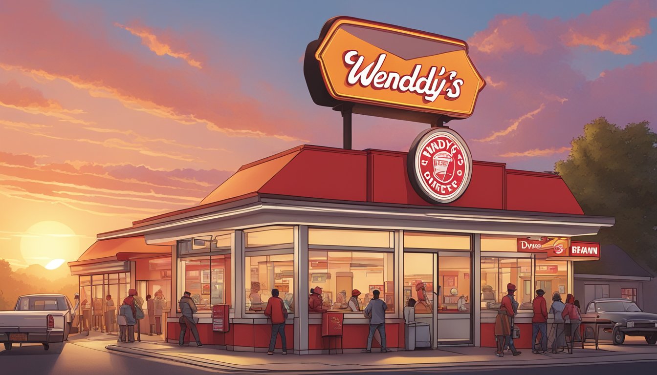 A bustling fast food restaurant at dawn, with the sun rising behind the iconic Wendy's sign. Customers line up at the drive-thru and walk-up window, eagerly awaiting their breakfast orders