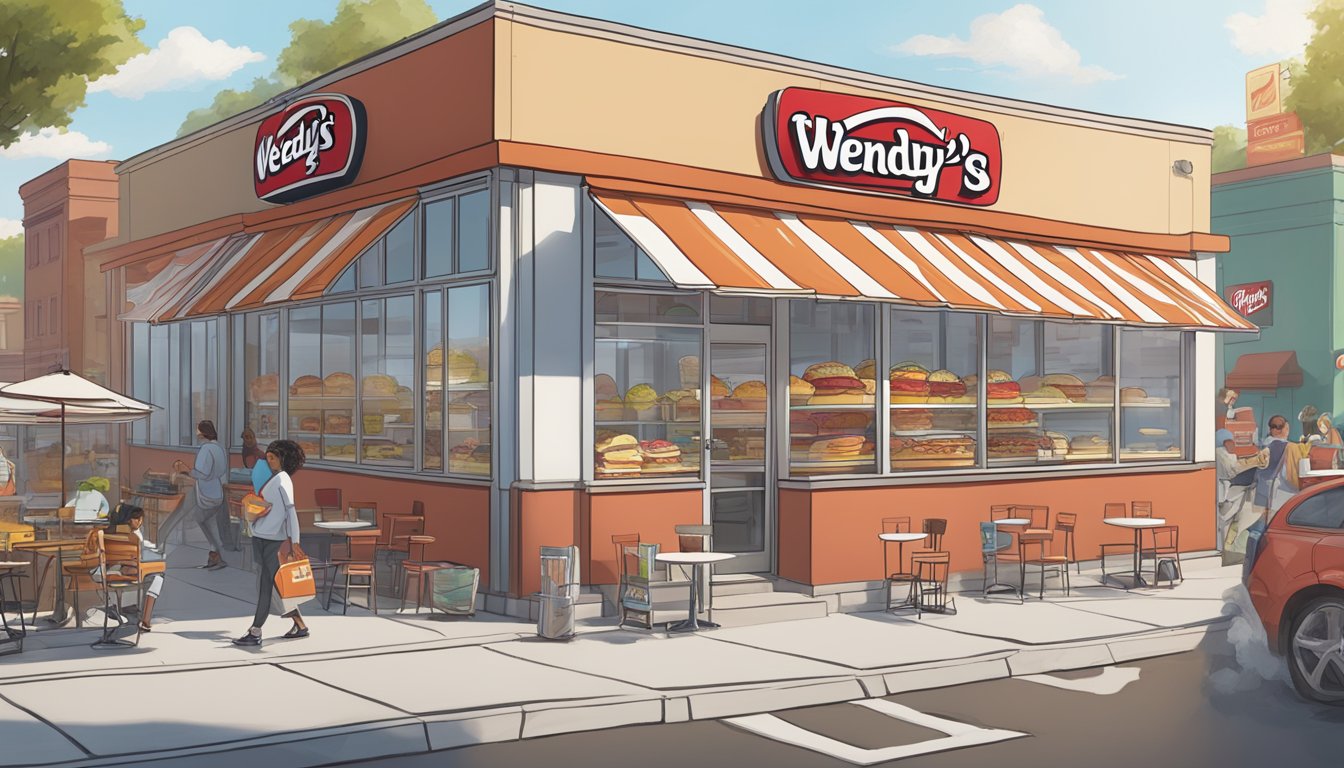 A bustling breakfast sandwich shop with Wendy's logo prominently displayed, surrounded by competing fast food chains