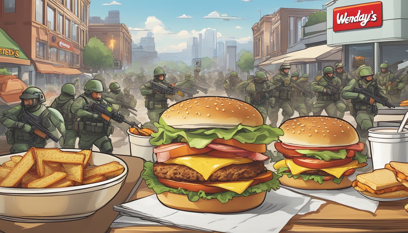 A bustling digital battlefield with Wendy's logo prominently displayed among various breakfast sandwich options