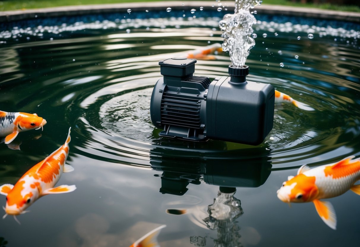 A koi pond with a powerful water pump cycling the water swiftly, creating ripples and bubbles