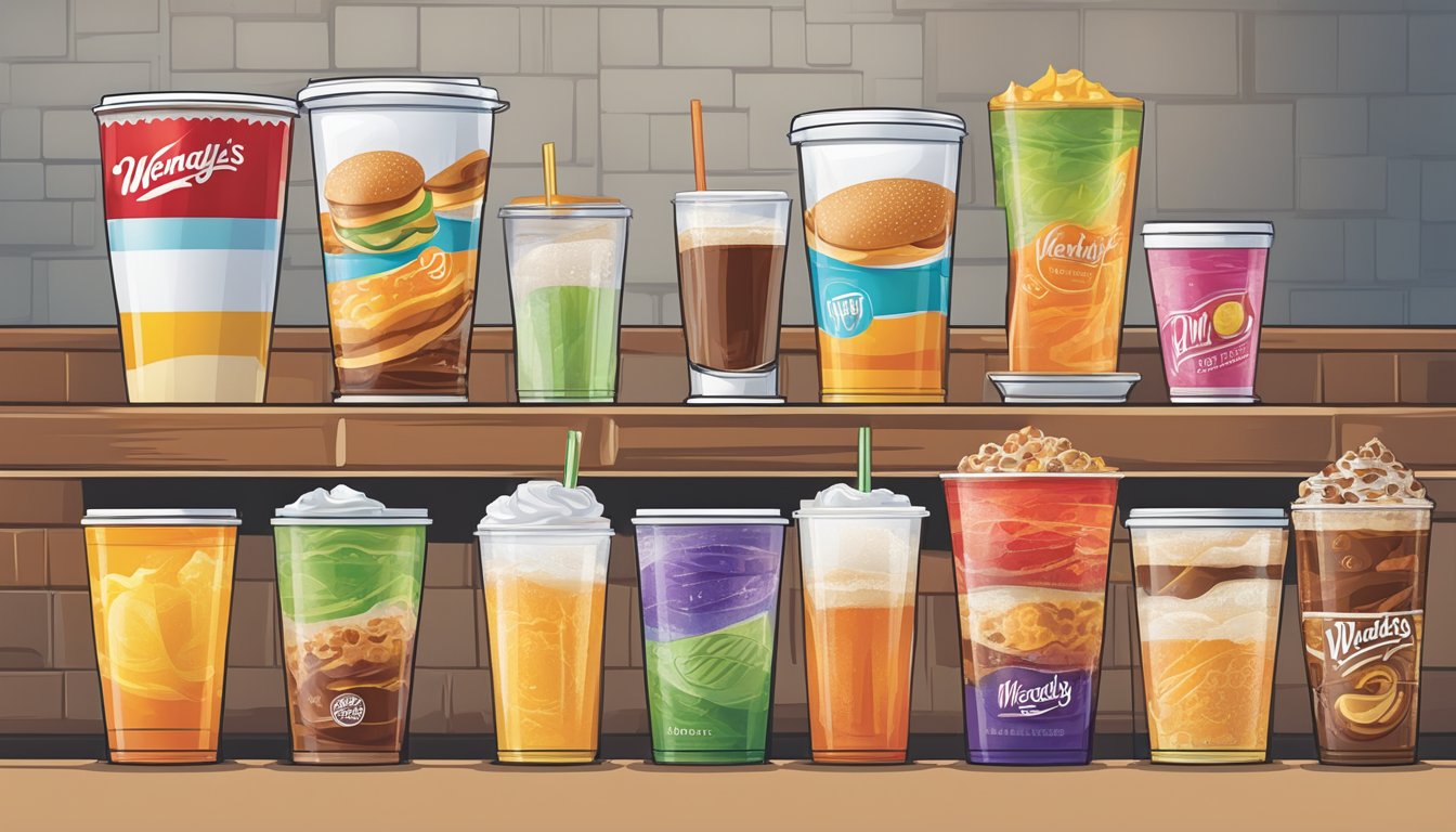 A colorful display of various beverage options at Wendy's, with different sizes and flavors for breakfast