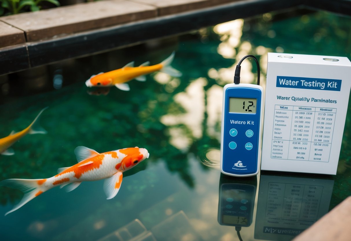 A clear koi pond with a water testing kit and various water quality parameters displayed nearby