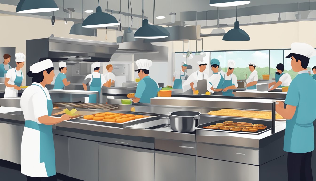 A bustling fast-food restaurant kitchen with employees preparing breakfast items while managing operational challenges