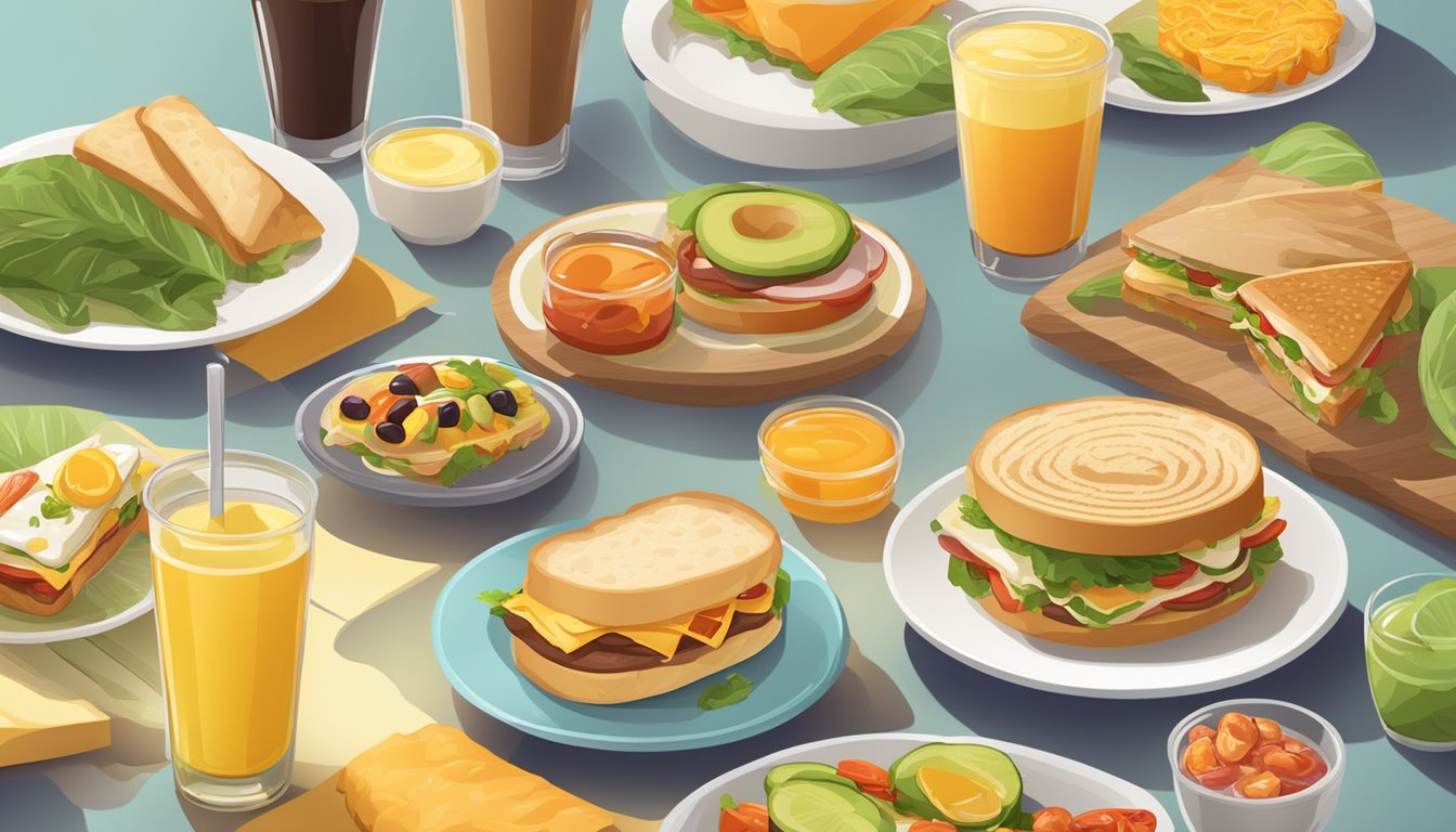 A table set with a variety of breakfast items, including sandwiches, wraps, and beverages, all neatly arranged with colorful packaging and fresh ingredients