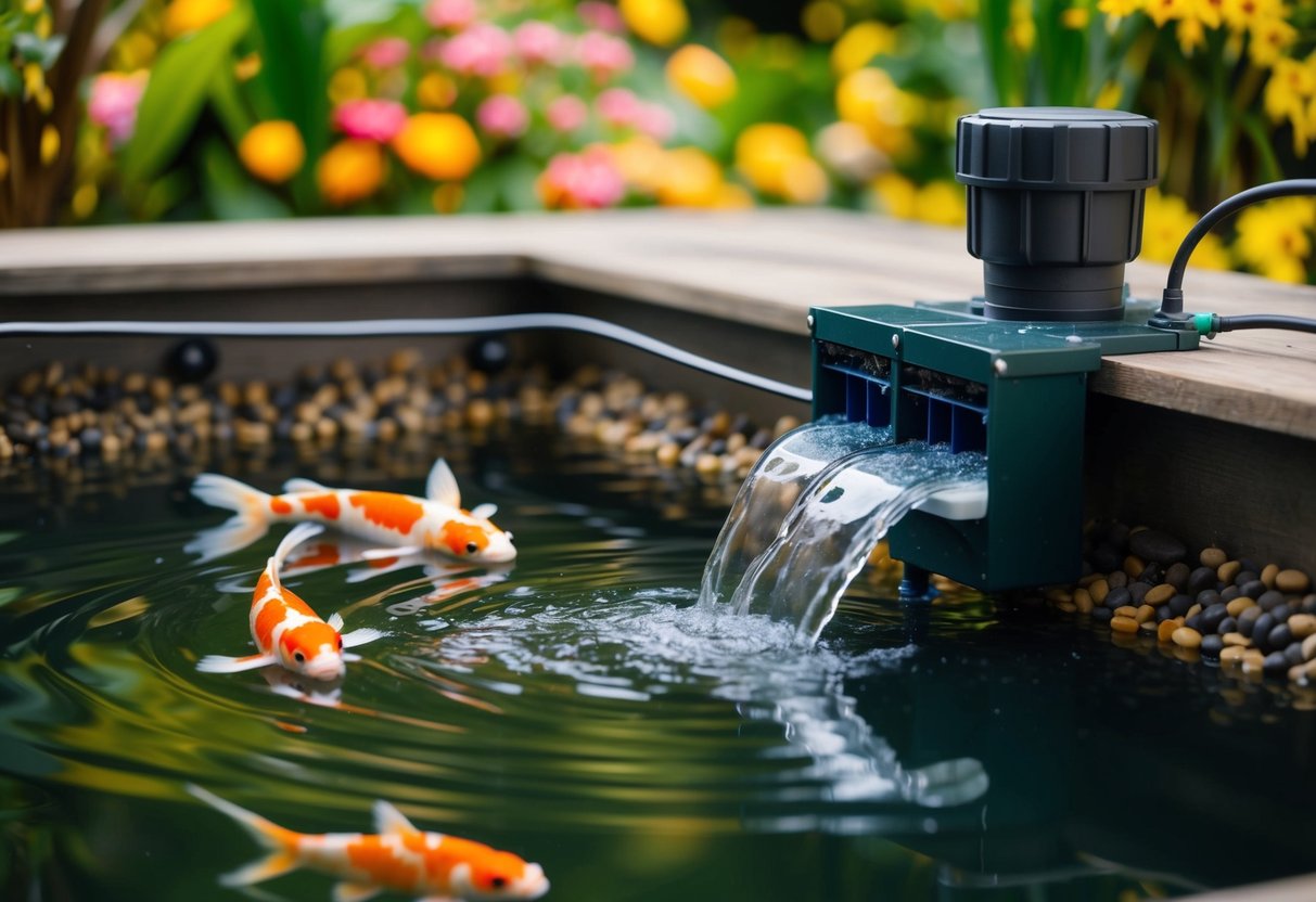 A koi pond with a powerful filtration system in action, water flowing through various media to remove debris and impurities