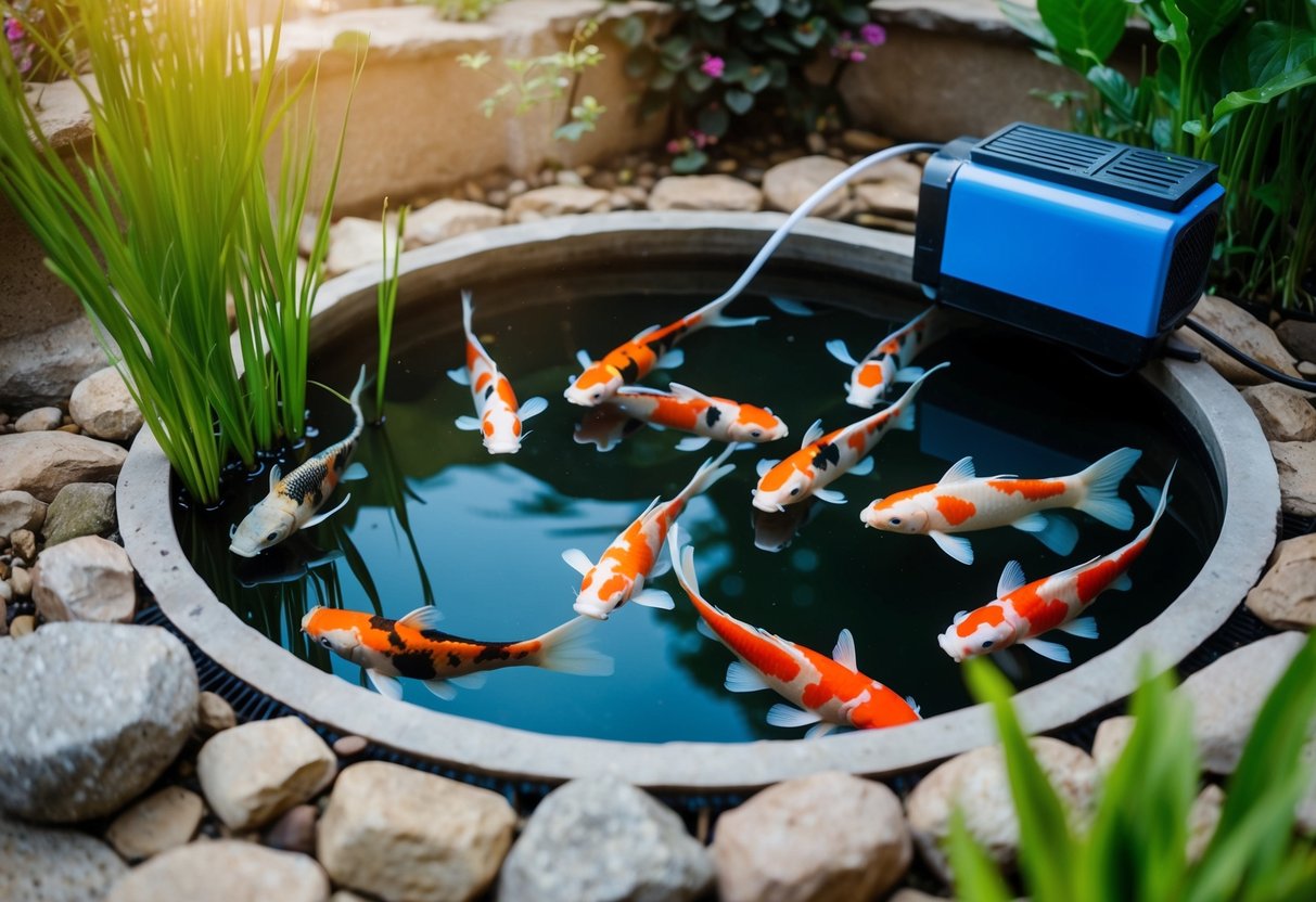 A koi pond with a water filter and air pump running, plants and rocks inside, and a school of colorful koi swimming gracefully