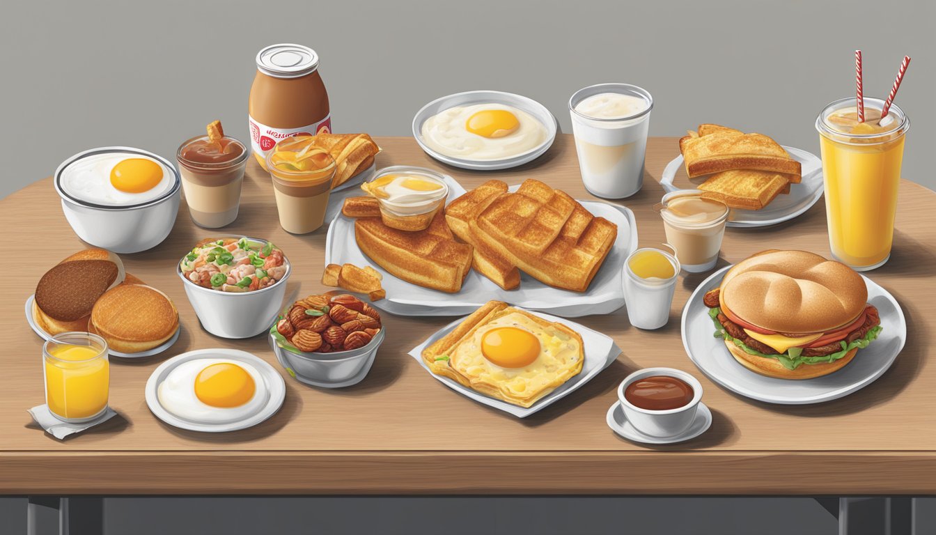 A table with various-sized breakfast items from Wendy's, arranged neatly with pricing labels visible