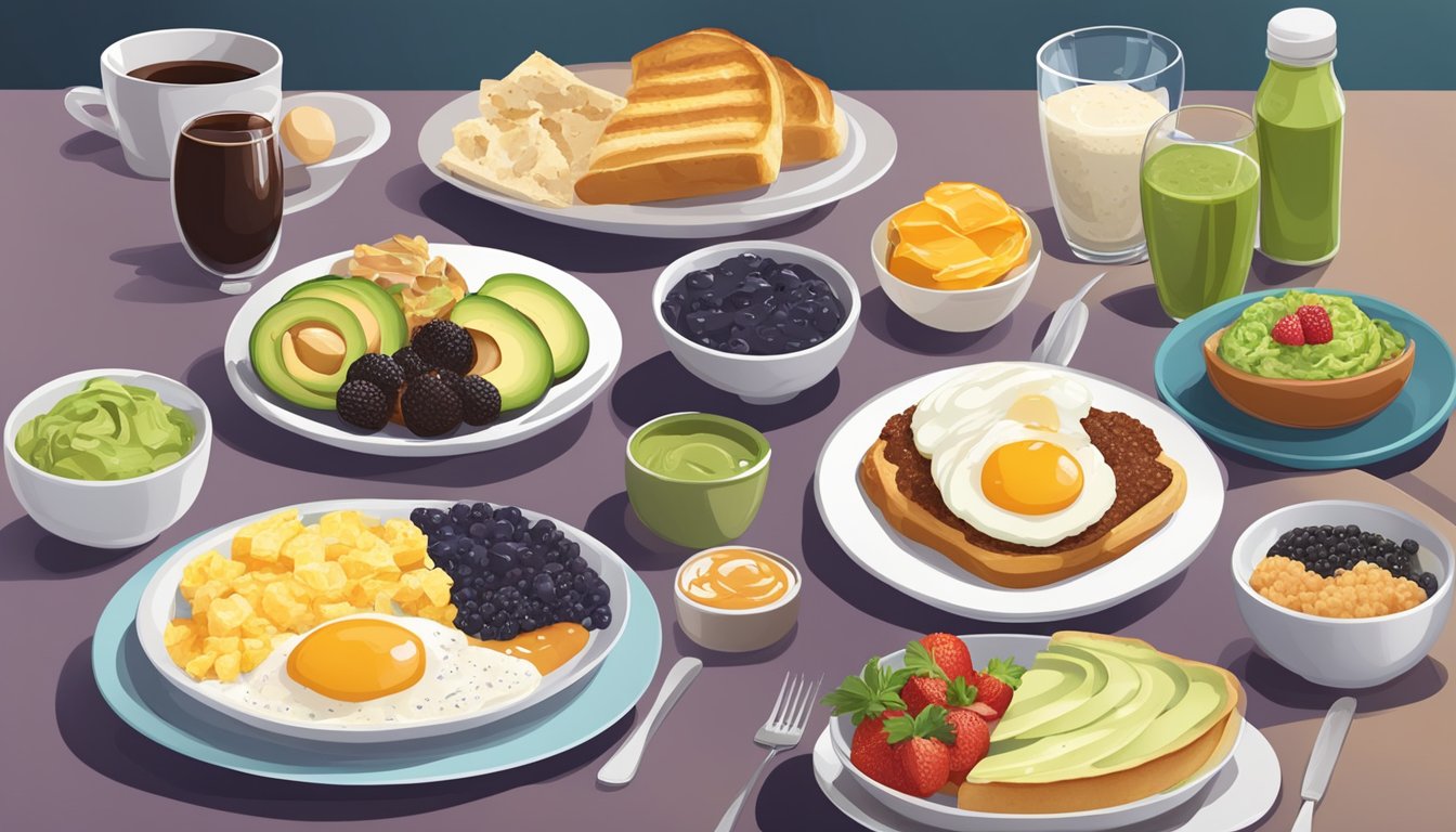 A table set with a variety of breakfast foods, including classic American dishes and newer options like avocado toast and acai bowls