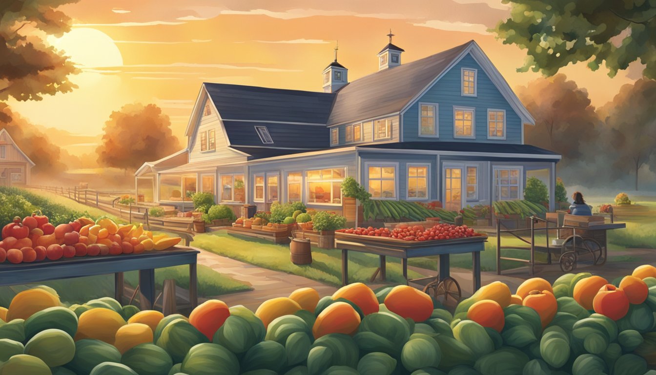 A sun rising over a farm with fresh produce and a bustling kitchen, symbolizing Wendy's commitment to quality breakfast and changing American tastes