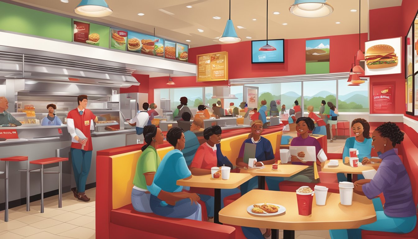 A bustling Wendy's restaurant with a diverse group of customers enjoying the new breakfast menu. The vibrant colors and modern decor create a welcoming atmosphere