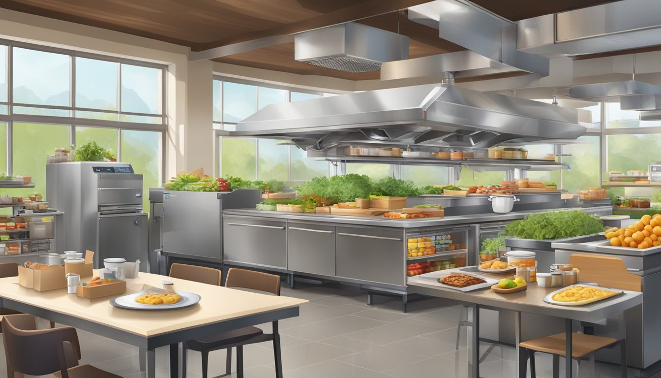 A bustling Wendy's breakfast kitchen with efficient waste sorting, energy-saving appliances, and a garden outside supplying fresh ingredients