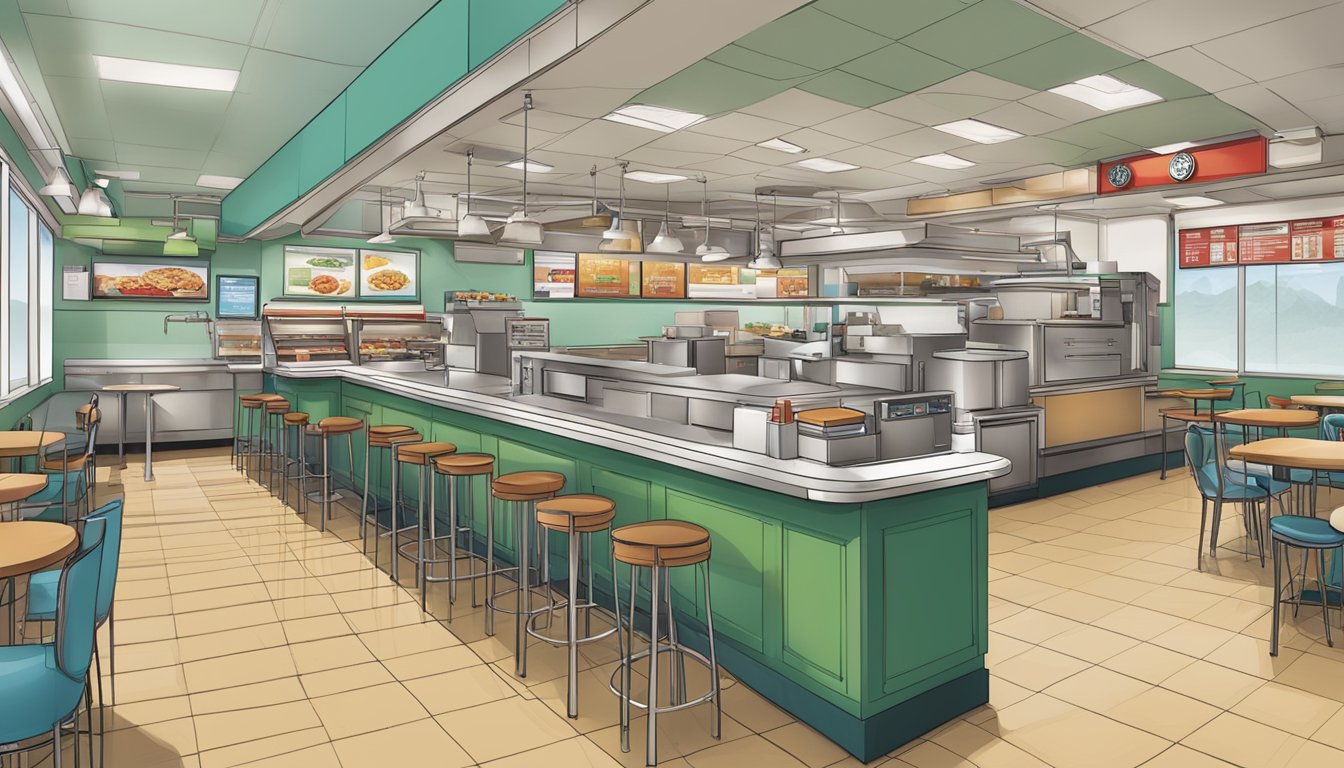 A bustling Wendy's restaurant with a focus on breakfast operations, featuring energy-efficient equipment and waste reduction measures to minimize greenhouse gas emissions