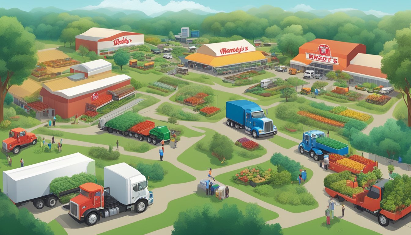 A busy supply chain network with trucks, farms, and distribution centers supporting Wendy's breakfast operations, surrounded by lush greenery and wildlife