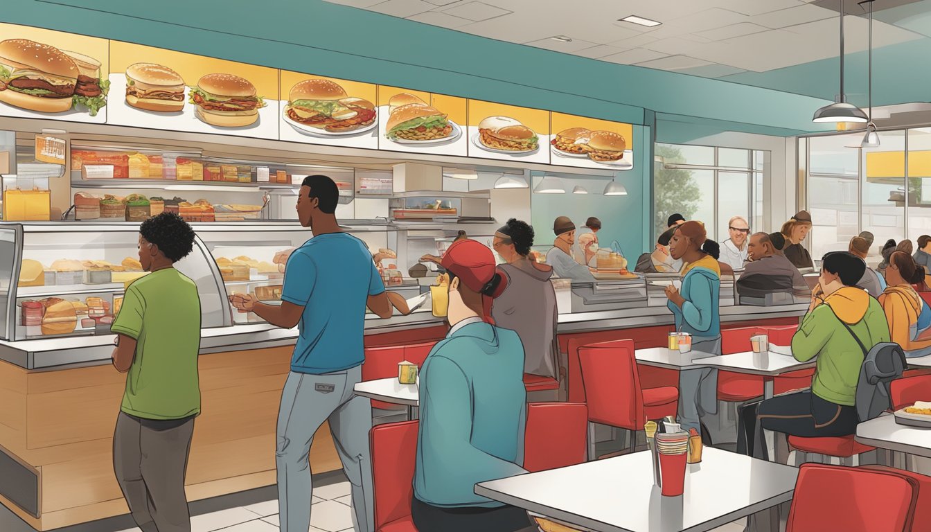 A bustling breakfast rush at a Wendy's restaurant, with diverse customers enjoying new menu items, reflecting the changing American palate