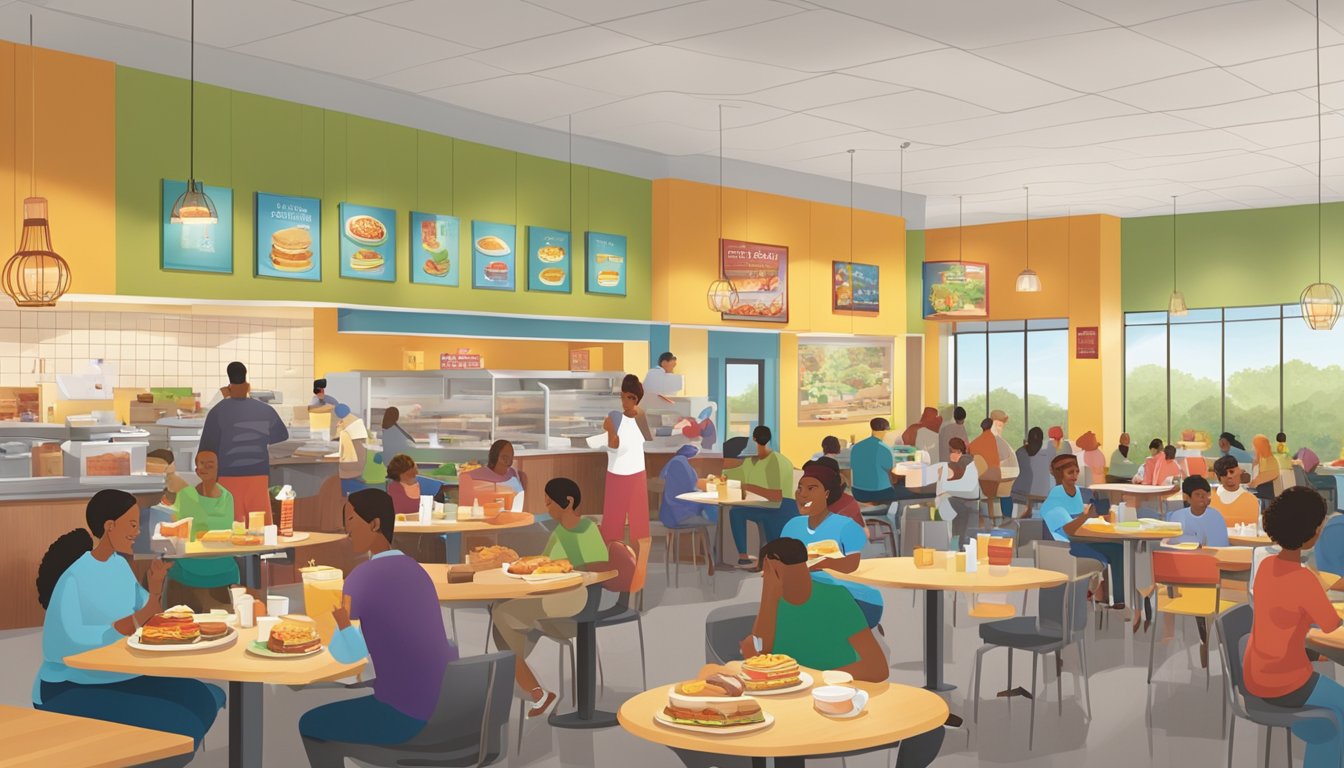 A bustling community center with people enjoying Wendy's breakfast items, showcasing a diverse array of food choices reflecting the changing American palate