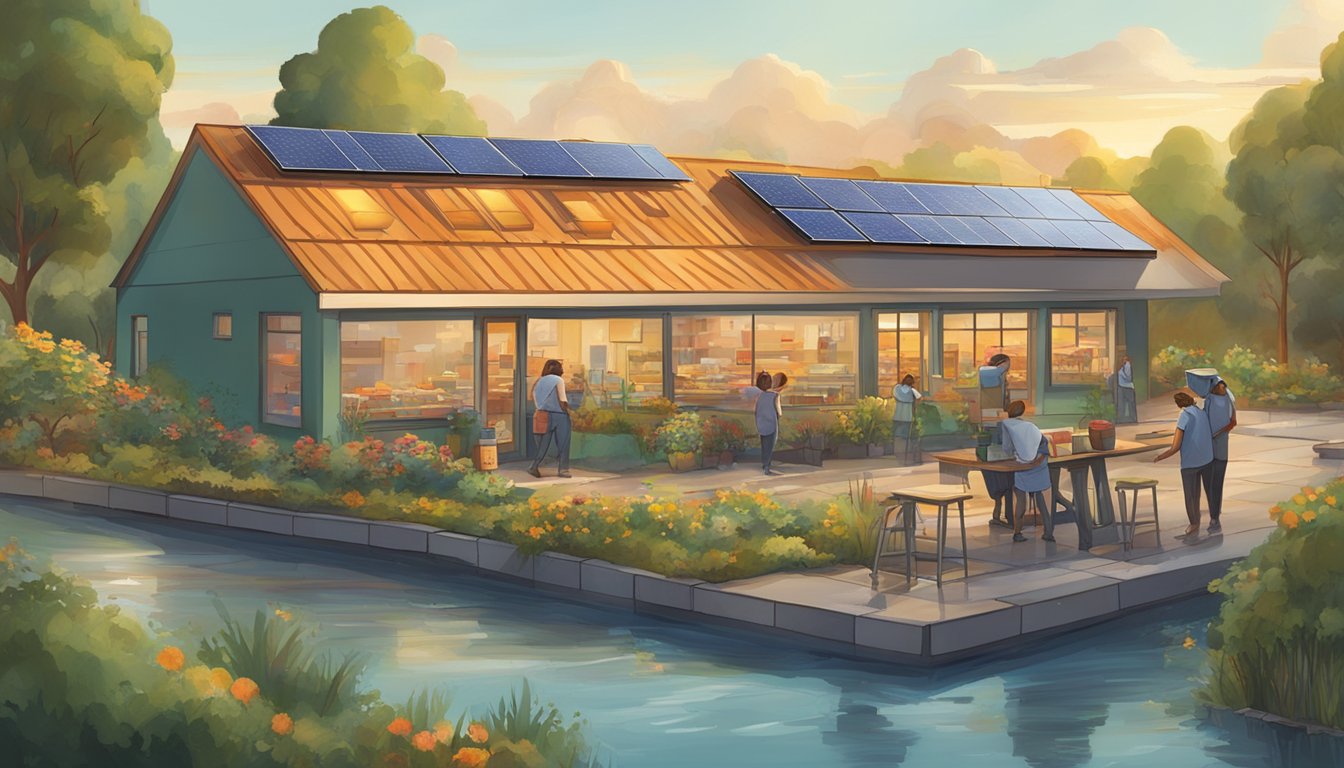 The sun rises over a Wendy's restaurant, with workers composting food waste and solar panels on the roof. A nearby stream shows signs of pollution