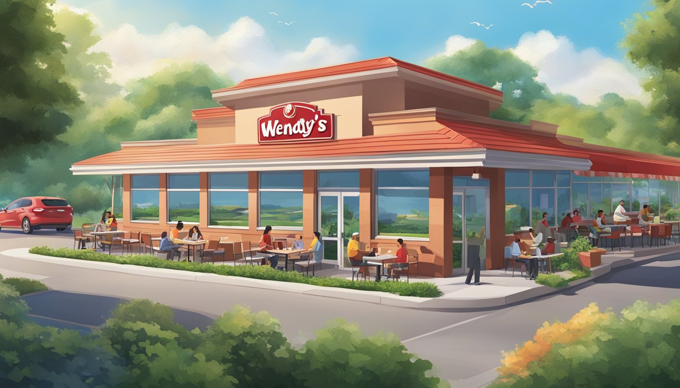 A bustling Wendy's restaurant with breakfast operations in full swing, surrounded by a lush, green landscape with clear blue skies