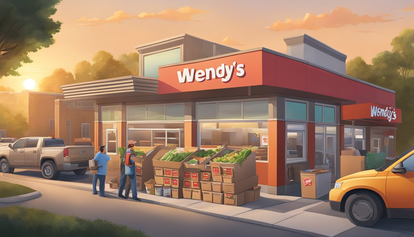 The sun rises over a Wendy's restaurant, with delivery trucks unloading fresh produce and employees preparing for the day's breakfast service. A recycling bin overflows with cardboard and plastic packaging