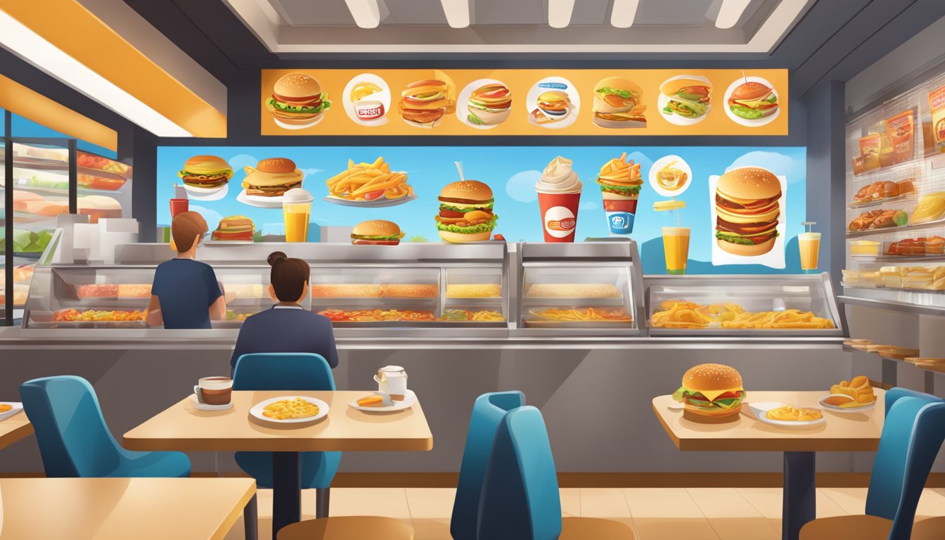 A bustling fast food restaurant with a prominent breakfast menu display, surrounded by competing chains