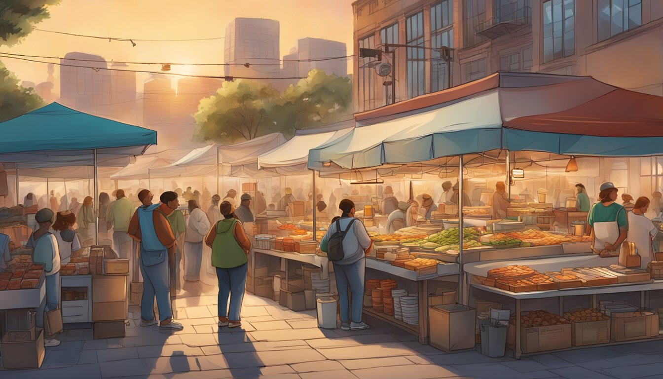 A bustling morning market with various food vendors, as Wendy's sets up a breakfast stand amidst competitors. The sun rises over the scene