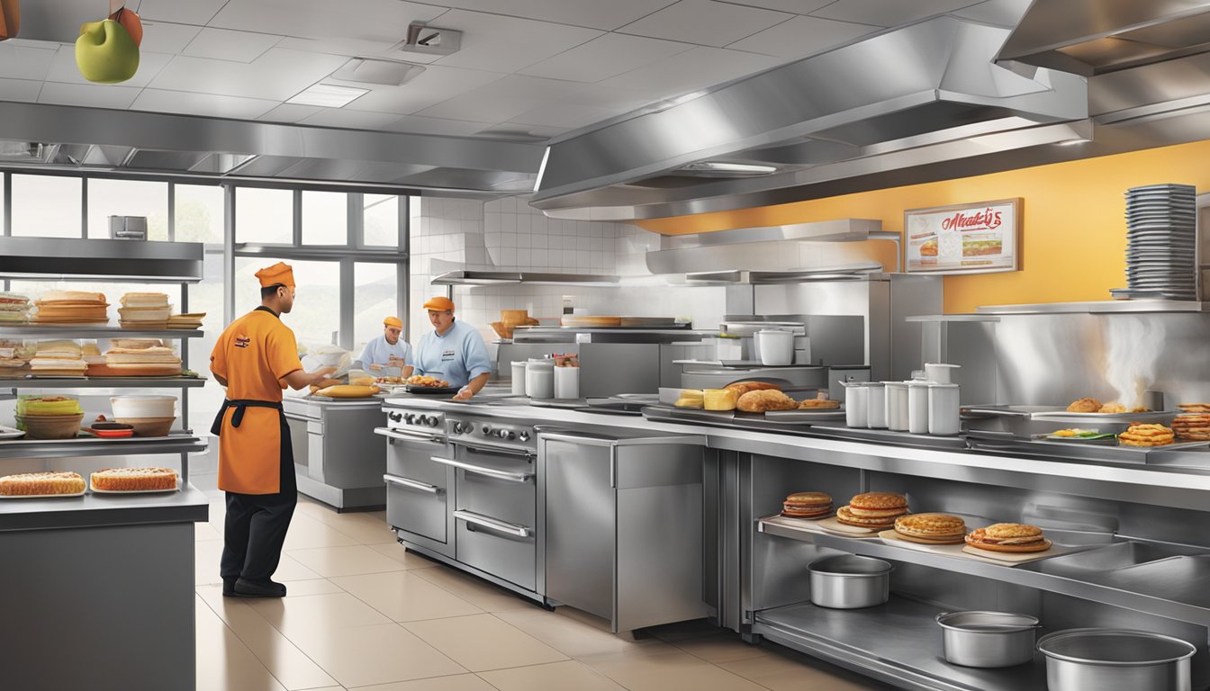 A bustling restaurant kitchen with chefs preparing breakfast items alongside Wendy's logo and marketing materials