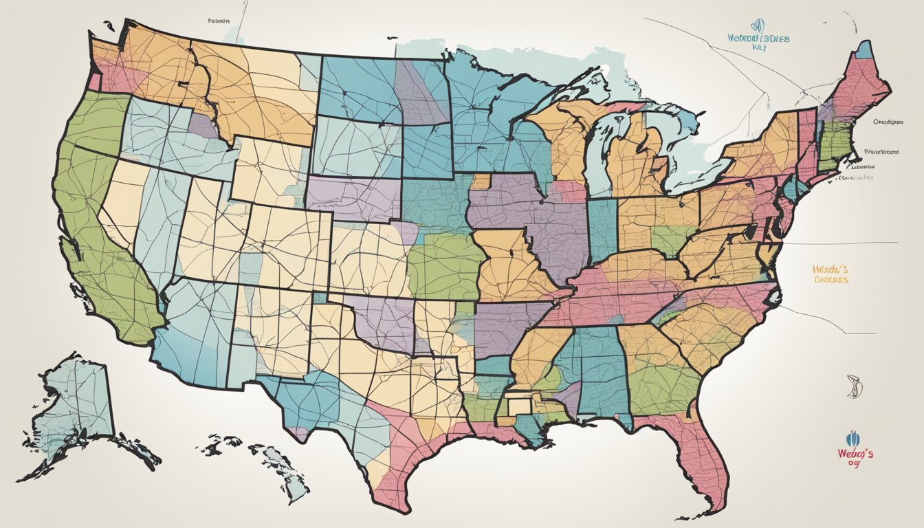 A map of the United States with dotted lines connecting various Wendy's locations, indicating network expansion