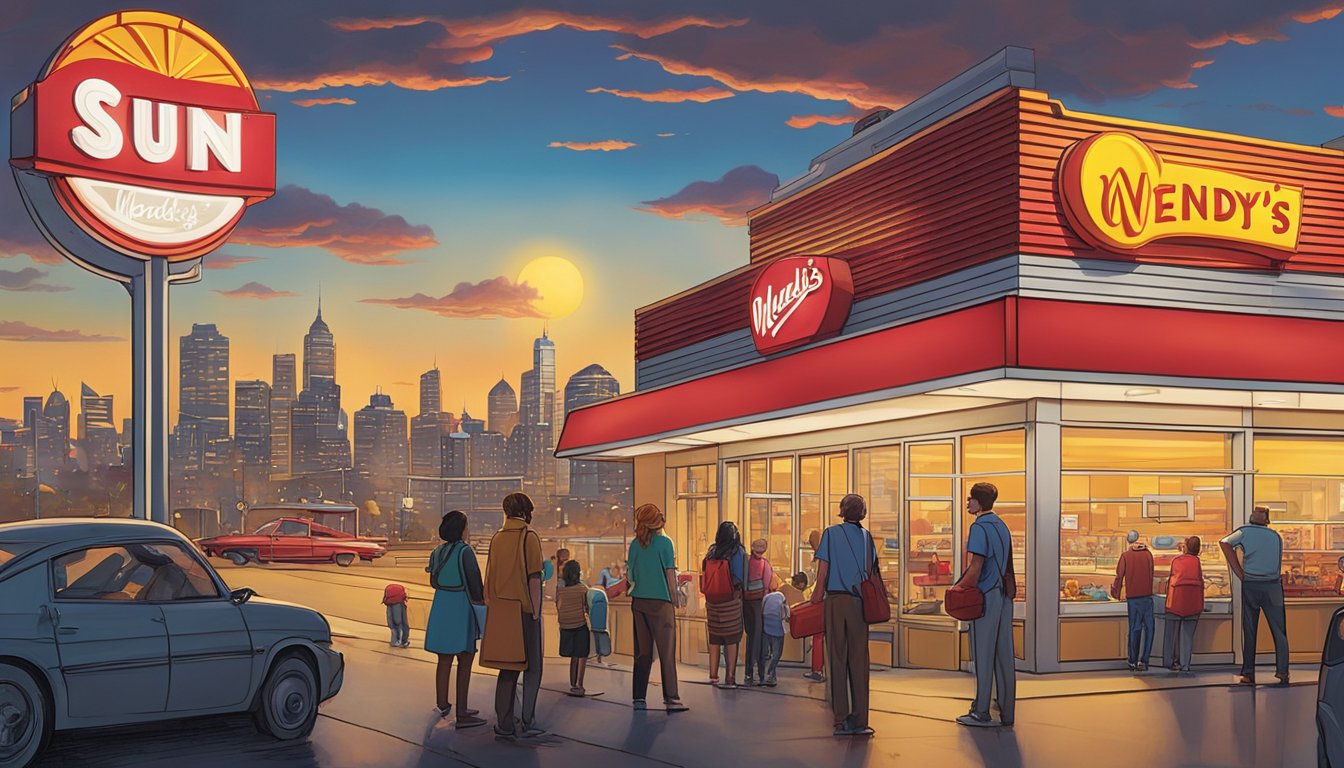 The sun rises over a bustling city skyline, as the iconic red and yellow Wendy's sign illuminates the early morning. A line of customers eagerly await the launch of the fast-food chain's new breakfast menu