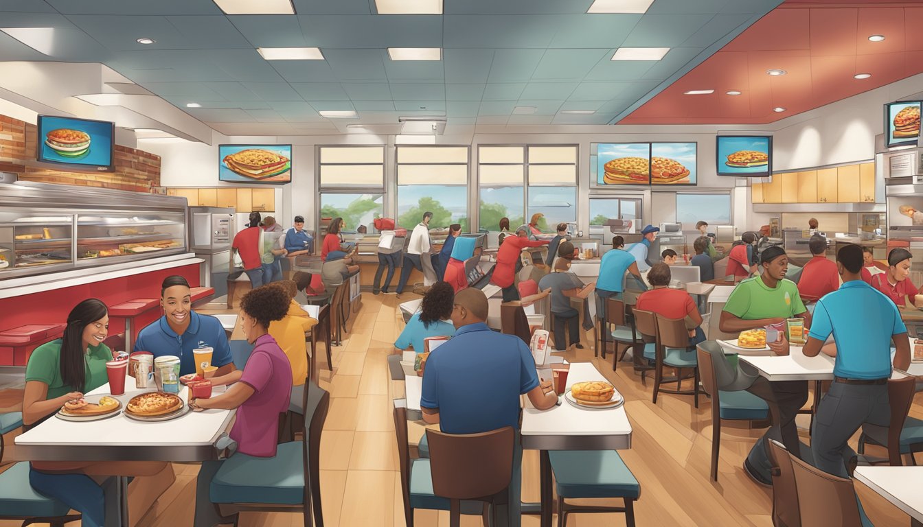 A bustling Wendy's restaurant with a focus on breakfast items, showcasing efficient operations and a high volume of sales