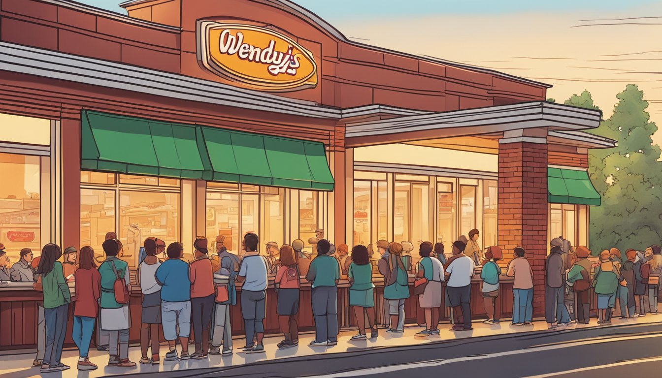 A sun rising over a Wendy's restaurant, with a breakfast menu displayed prominently and a line of customers eagerly waiting to order