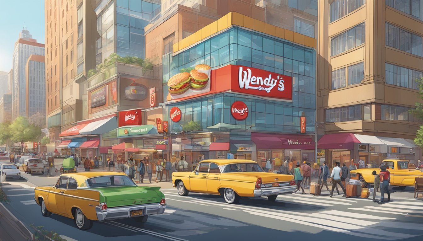 A bustling city street with a Wendy's restaurant prominently featured, surrounded by various food suppliers and transportation vehicles