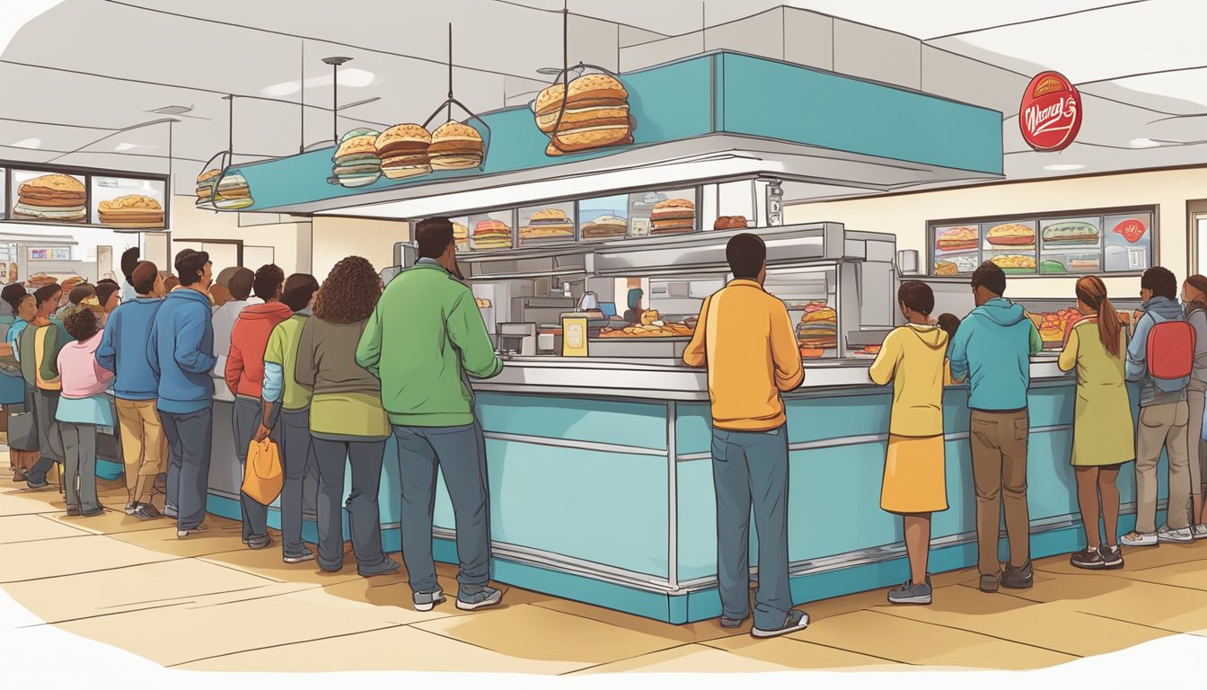 Customers eagerly line up at Wendy's breakfast counter, as the morning rush hour presents a bustling scene of activity and excitement