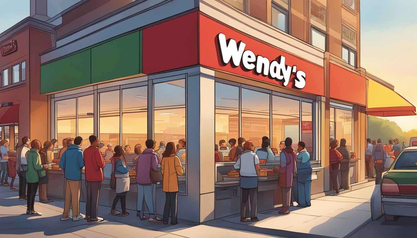 Customers lining up outside Wendy's during early morning rush hour, with the sun rising in the background and employees preparing breakfast items inside the restaurant