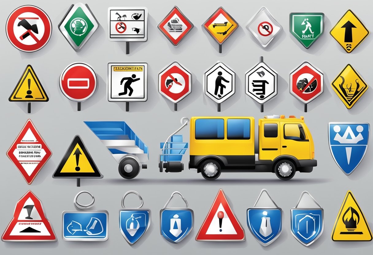 A group of seven safety signs and symbols displayed in a clear and organized manner