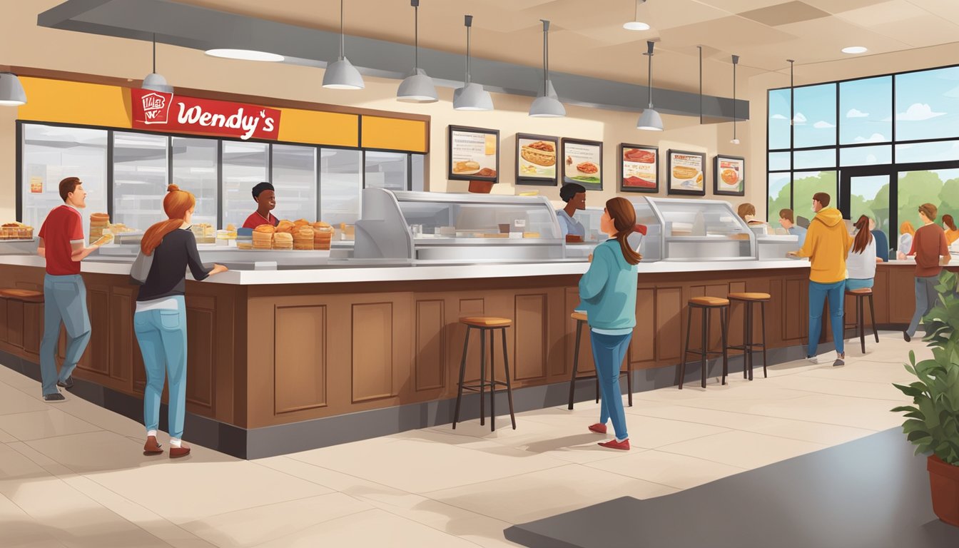 Busy morning at Wendy's. Customers rushing in for breakfast. Menu boards displaying nutrition and allergen information. Staff working quickly behind the counter