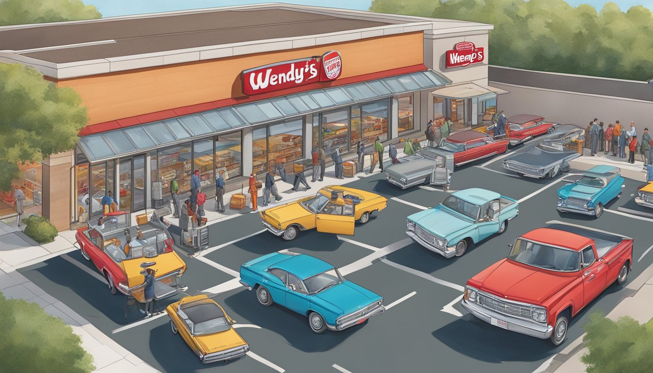 Busy drive-thru at Wendy's during morning rush hour, with cars lined up and employees hustling to serve breakfast items