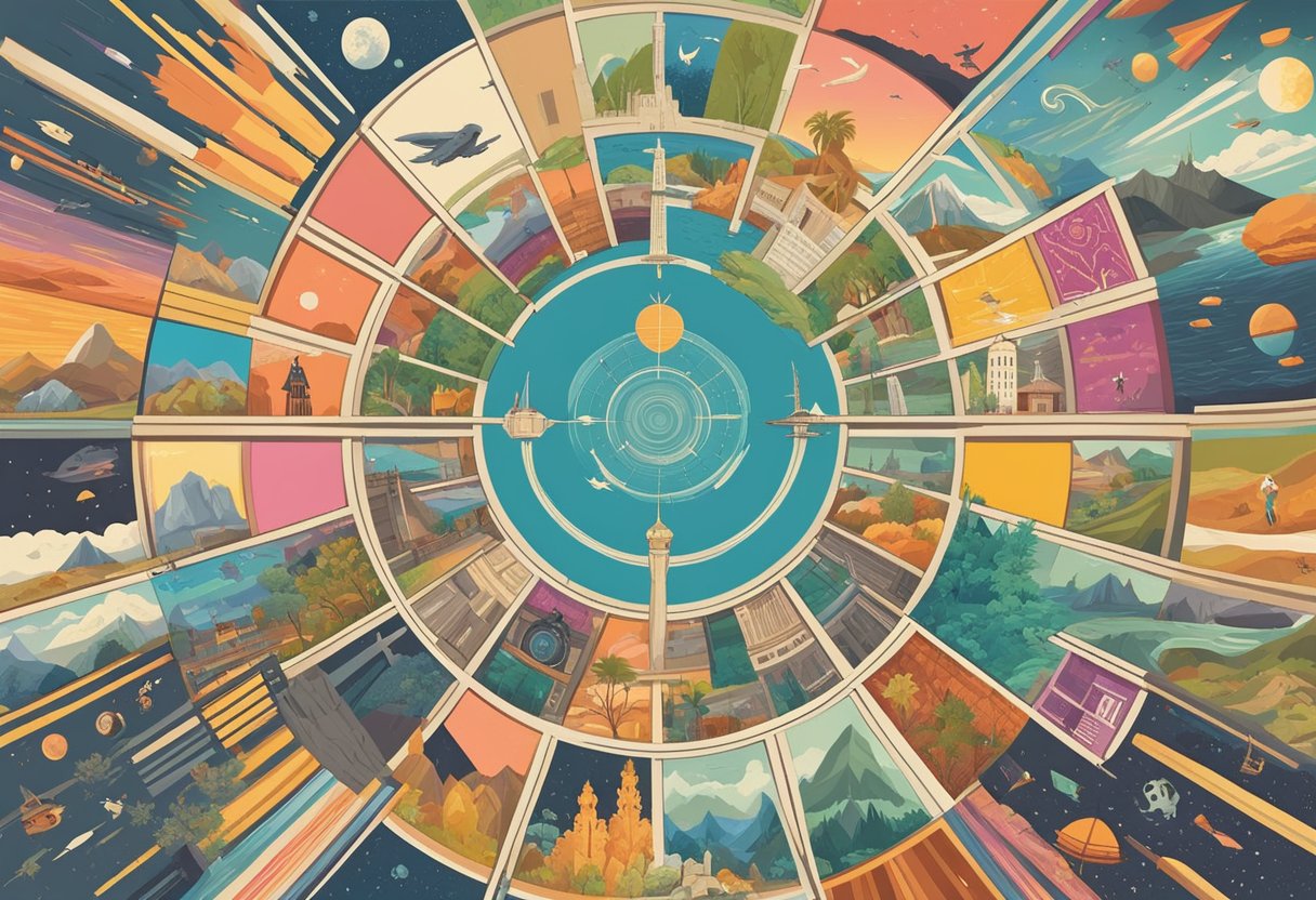 A colorful landscape of different movie genres, each represented by iconic symbols and imagery, arranged in a circular pattern with a central focal point