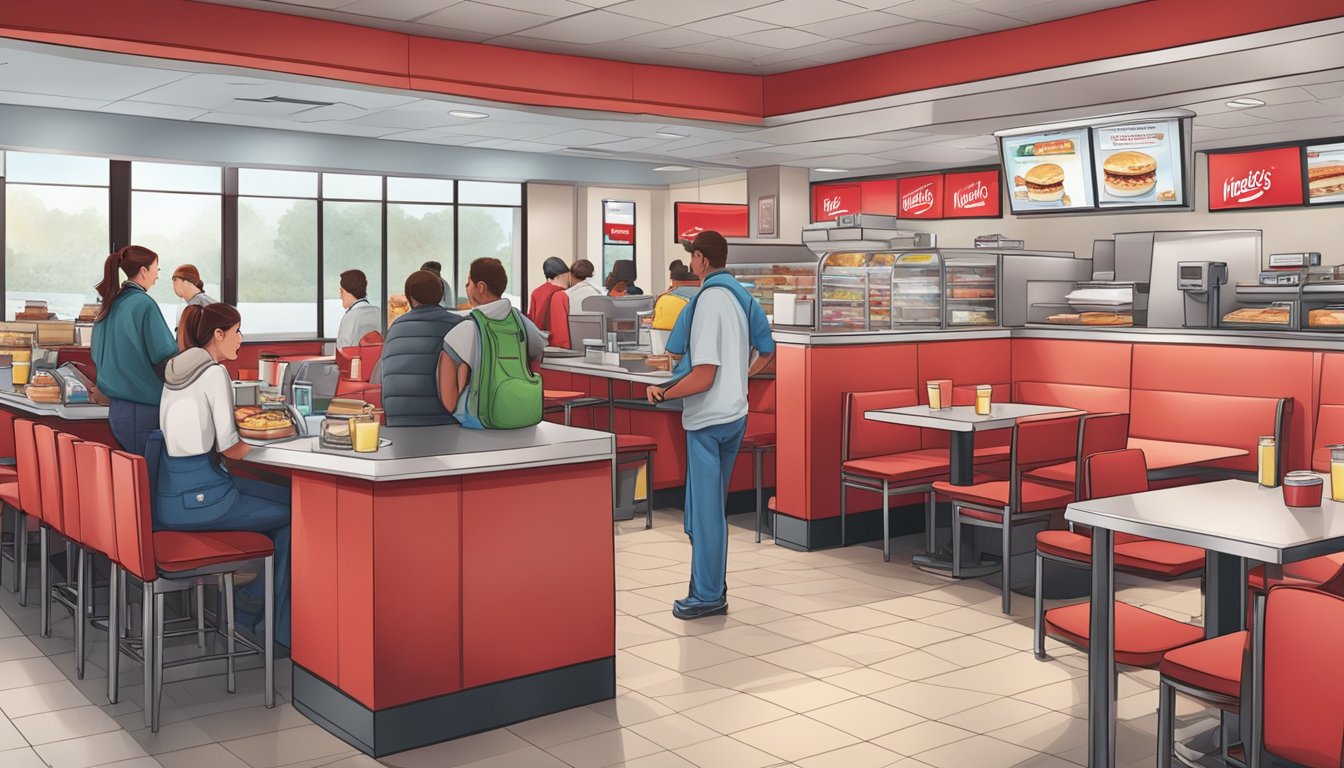 A bustling Wendy's restaurant during morning rush hour, with customers enjoying breakfast and staff working hard to ensure customer satisfaction