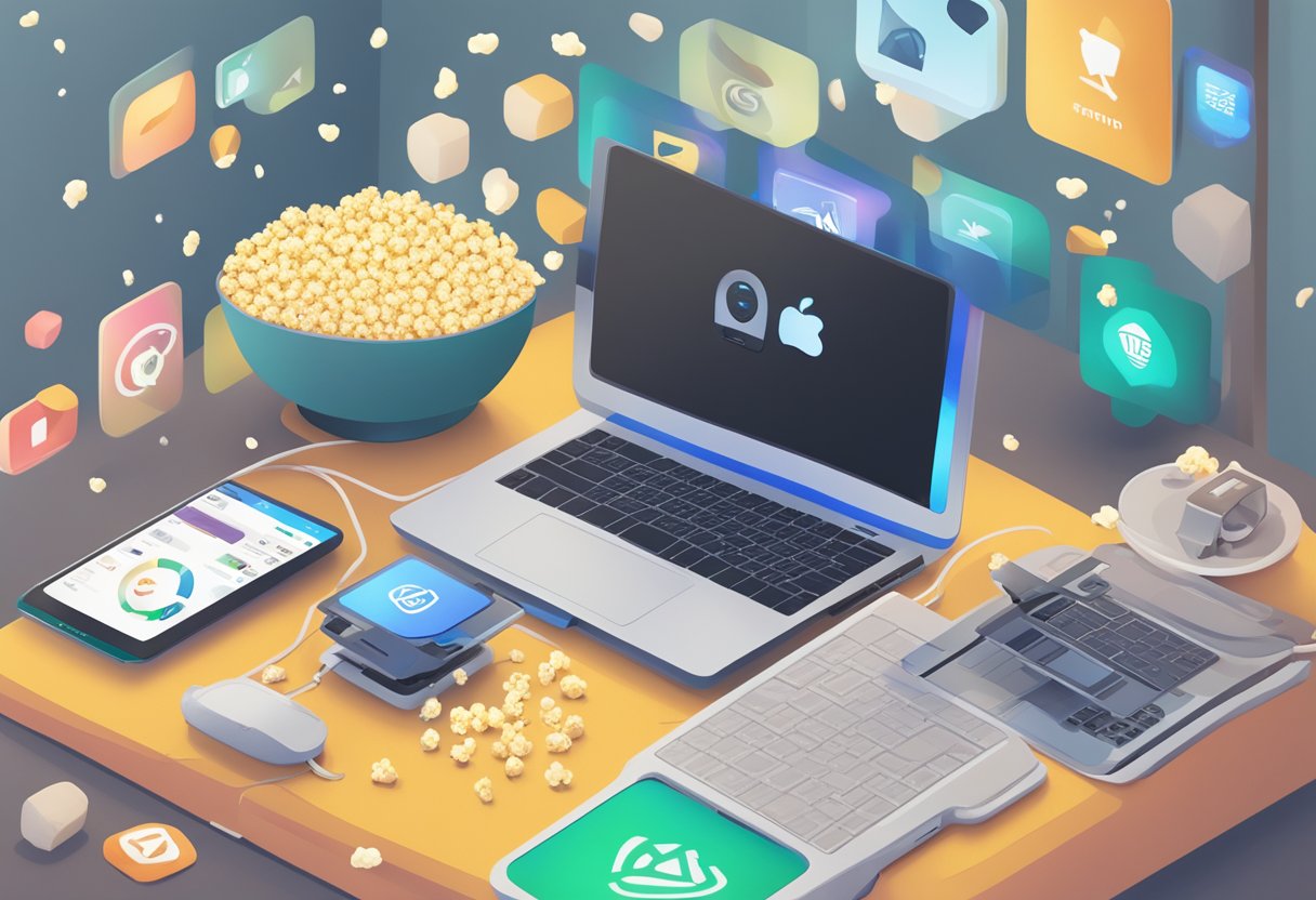 A laptop with multiple streaming service logos displayed on the screen, surrounded by popcorn, a TV remote, and a cozy blanket