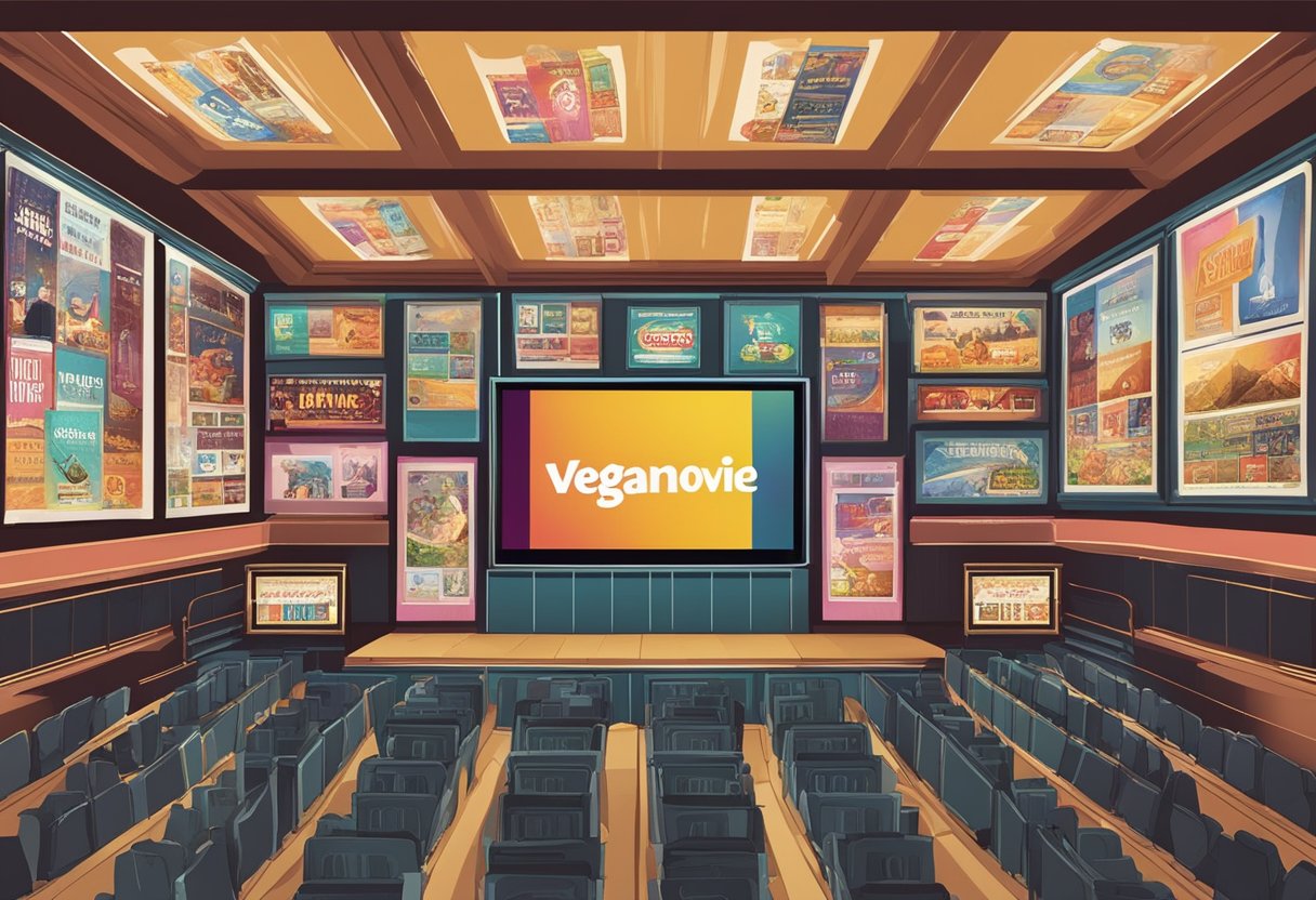 A movie theater with seven different screens displaying various movie posters and promotional images. Each screen is labeled with the name "vegamovie" and a number from 1 to 7