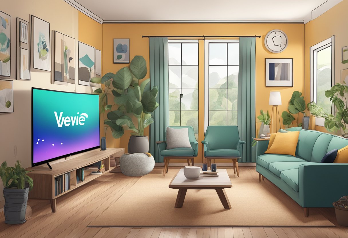 A cozy living room with a large TV and various streaming devices connected, showcasing the Vegamovie 7 alternatives on the screen