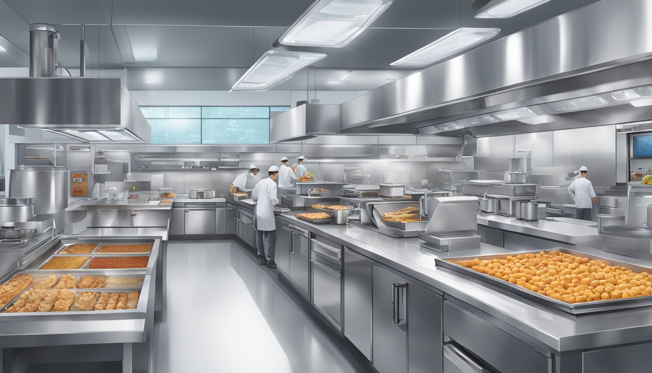 The bustling kitchen of a futuristic Wendy's, with advanced cooking equipment and automated order fulfillment systems