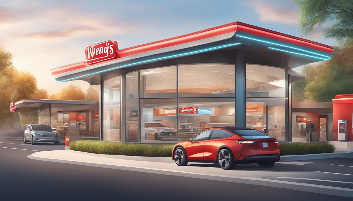 A futuristic drive-thru with advanced technology and streamlined pickup process at a Wendy's A.M. store